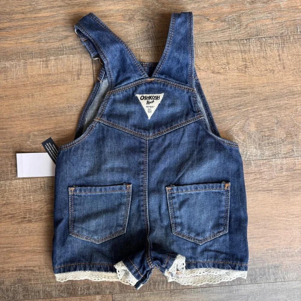 NWT OshKosh B'gosh Baby Girls Denim Shortalls Vestbak Shorts Eyelet Trim 18M